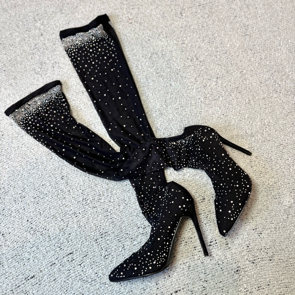 Liliana Black Rhinestone Mesh Over the Knee Boots Heels Size 7.5 Run Small